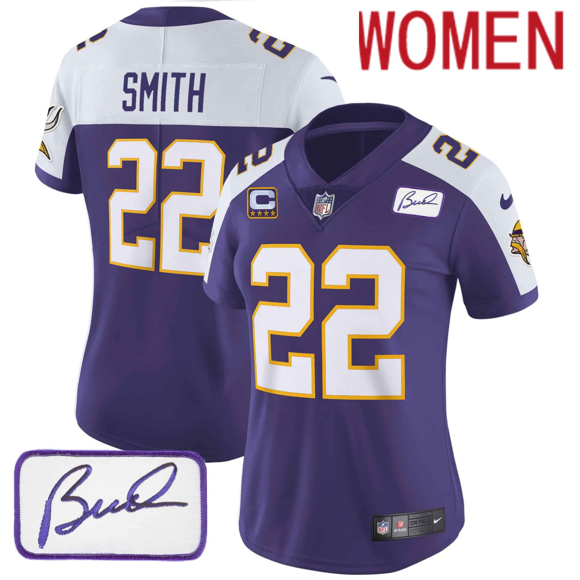 Women Minnesota Vikings 22 Smith Purple 2024 Nike Bud Grant Patch Classic Limited NFL Jersey style 2